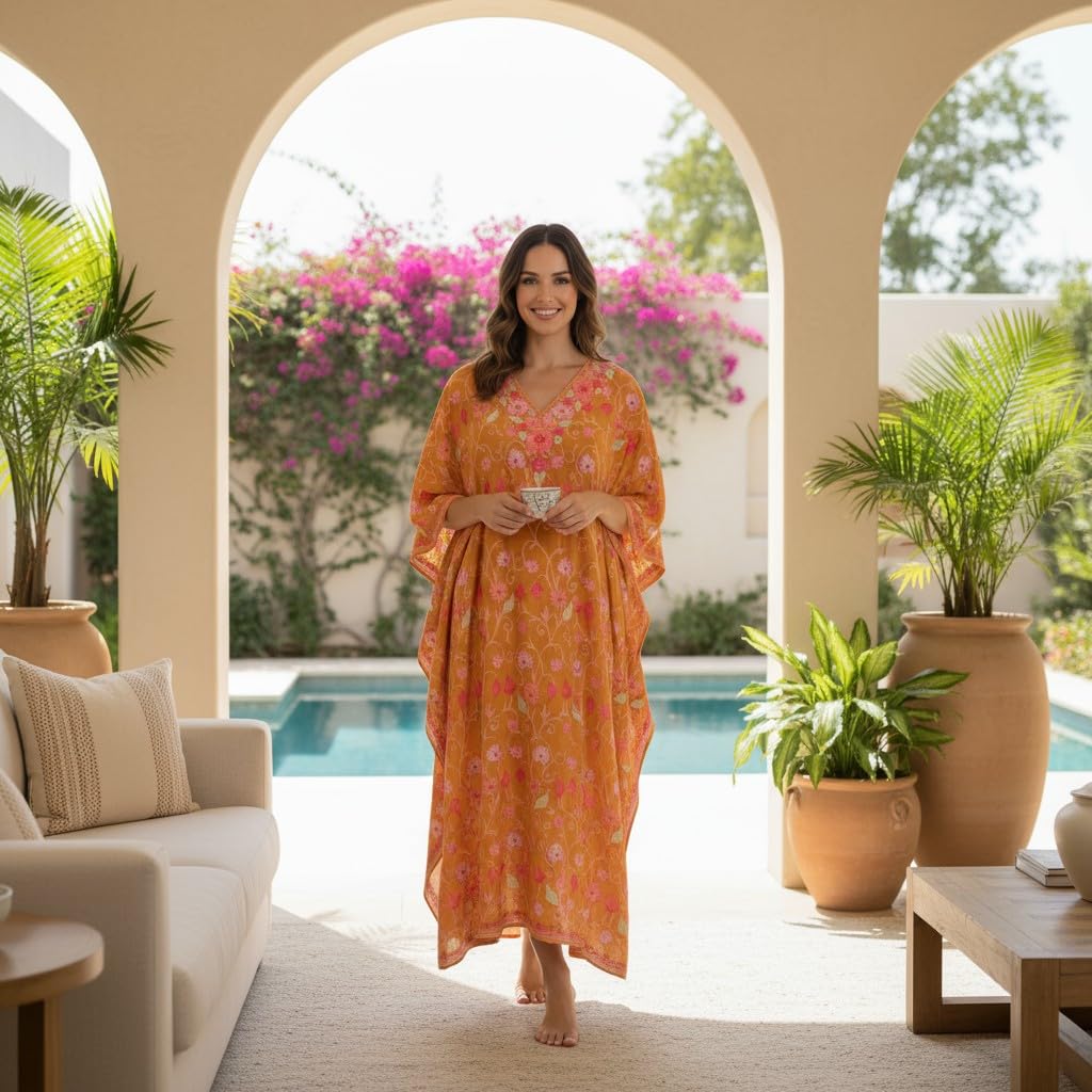 Kashmiri Kaftan For Women Nightgown Maxi Crepe Kaftan with Aari Embroidery Free Size- Mustard
