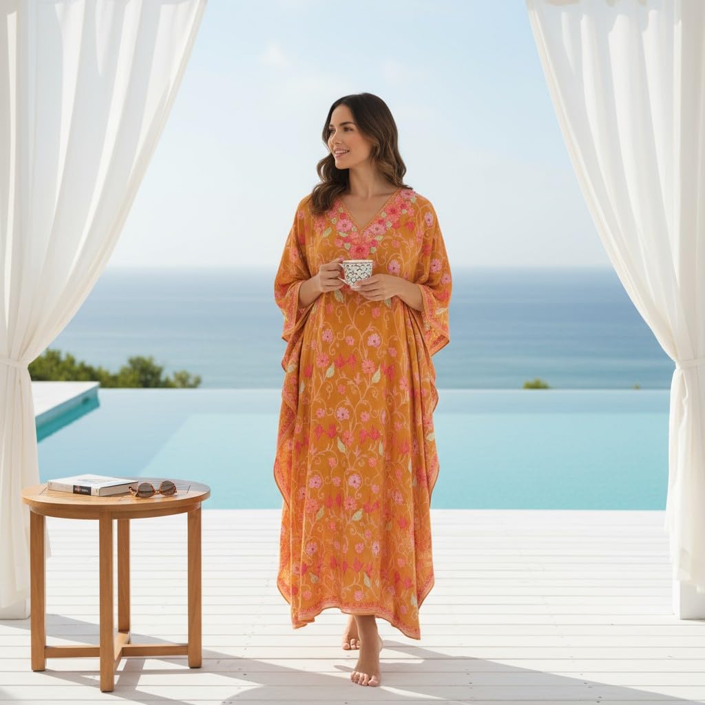 Kashmiri Kaftan For Women Nightgown Maxi Crepe Kaftan with Aari Embroidery Free Size- Mustard