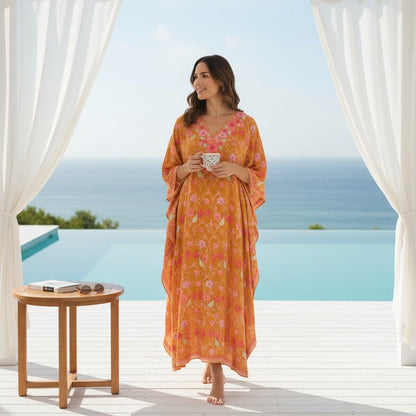 Kashmiri Kaftan For Women Nightgown Maxi Crepe Kaftan with Aari Embroidery Free Size- Mustard