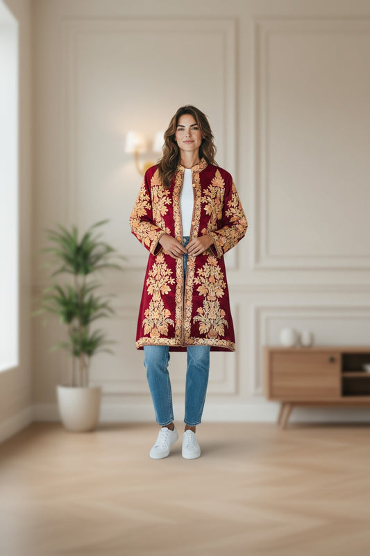 Women’s Woolen Long Coat – Elegant Winter Wear -Maroon