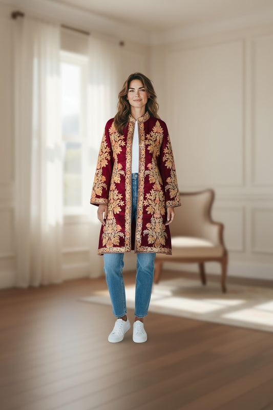 Women’s Woolen Long Coat – Elegant Winter Wear -Maroon
