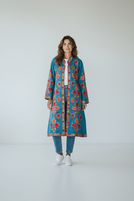 Women’s Woolen Long Coat – Elegant Winter Wear -Turquoise