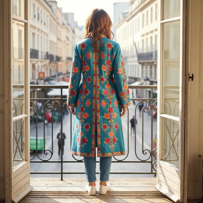 Women’s Woolen Long Coat – Elegant Winter Wear -Turquoise
