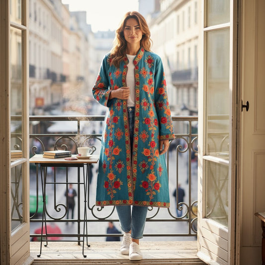Women’s Woolen Long Coat – Elegant Winter Wear -Turquoise
