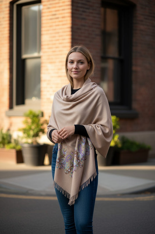 Kashmiri Woolen Stole with Aari Embroidery | Elegant Winter Wrap | Traditional Ethnic Wear for Women - Grey