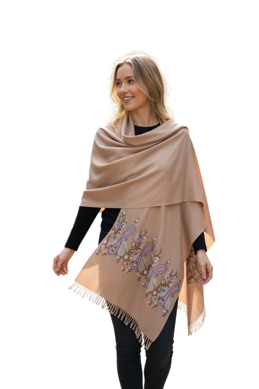 Kashmiri Woolen Stole with Aari Embroidery | Elegant Winter Wrap | Traditional Ethnic Wear for Women - Grey
