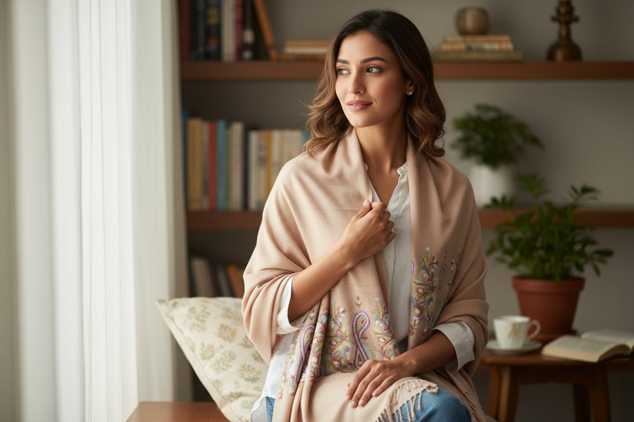 Kashmiri Woolen Stole with Aari Embroidery | Elegant Winter Wrap | Traditional Ethnic Wear for Women - Grey