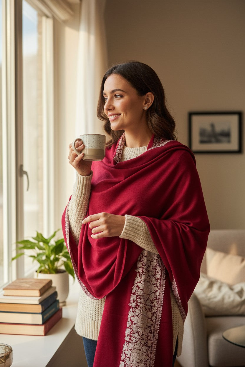 Kashmiri Woolen Stole with Aari Embroidery | Elegant Winter Wrap | Traditional Ethnic Wear for Women - Maroon