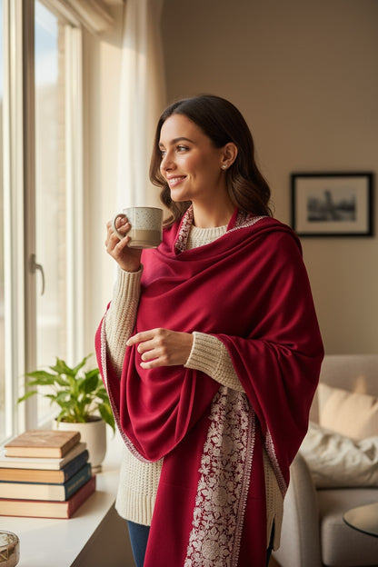 Kashmiri Woolen Stole with Aari Embroidery | Elegant Winter Wrap | Traditional Ethnic Wear for Women - Maroon