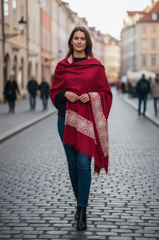 Kashmiri Woolen Stole with Aari Embroidery | Elegant Winter Wrap | Traditional Ethnic Wear for Women - Maroon