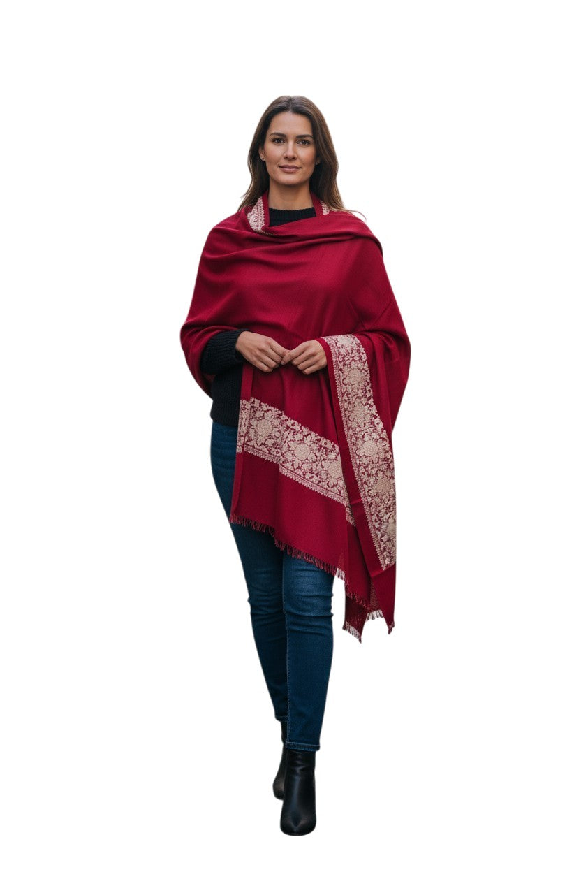 Kashmiri Woolen Stole with Aari Embroidery | Elegant Winter Wrap | Traditional Ethnic Wear for Women - Maroon