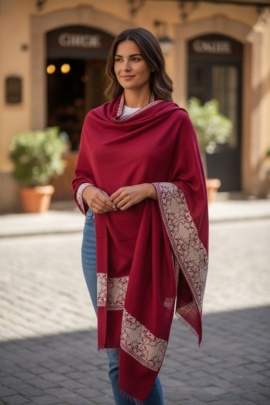 Kashmiri Woolen Stole with Aari Embroidery | Elegant Winter Wrap | Traditional Ethnic Wear for Women - Maroon