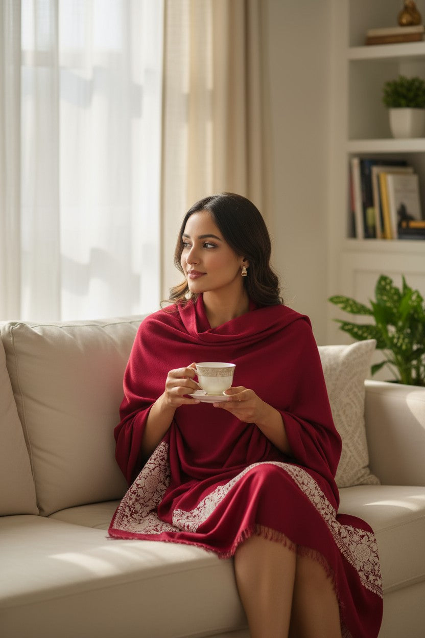 Kashmiri Woolen Stole with Aari Embroidery | Elegant Winter Wrap | Traditional Ethnic Wear for Women - Maroon