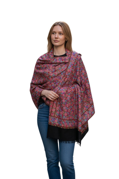 Kashmiri Woolen Stole with Sozni Embroidery | Elegant Winter Wrap | Traditional Ethnic Wear for Women - Black