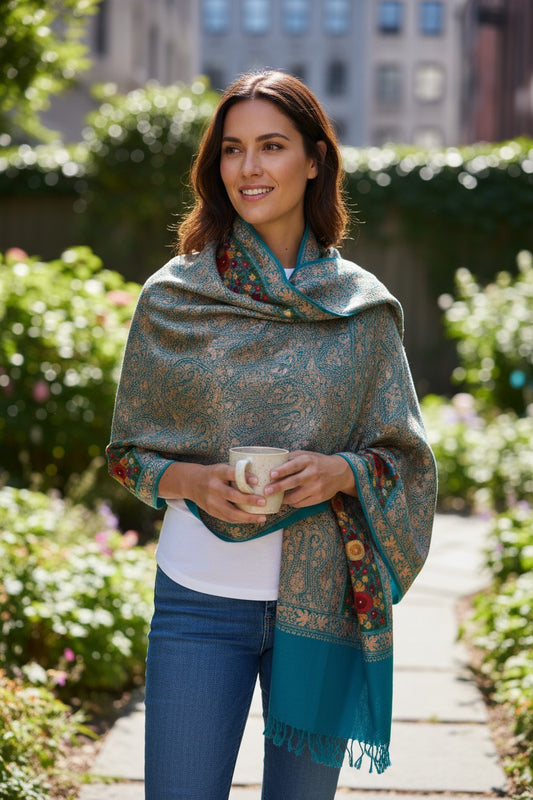 Kashmiri Woolen Stole with Aari Embroidery | Elegant Winter Wrap | Traditional Ethnic Wear for Women - Blue