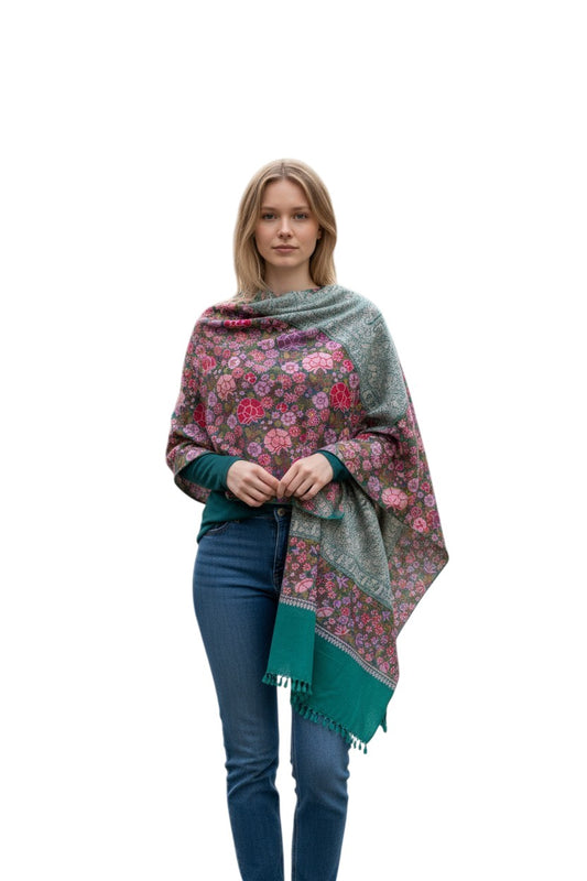 Kashmiri Woolen Stole with Aari Embroidery | Elegant Winter Wrap | Traditional Ethnic Wear for Women - Blue