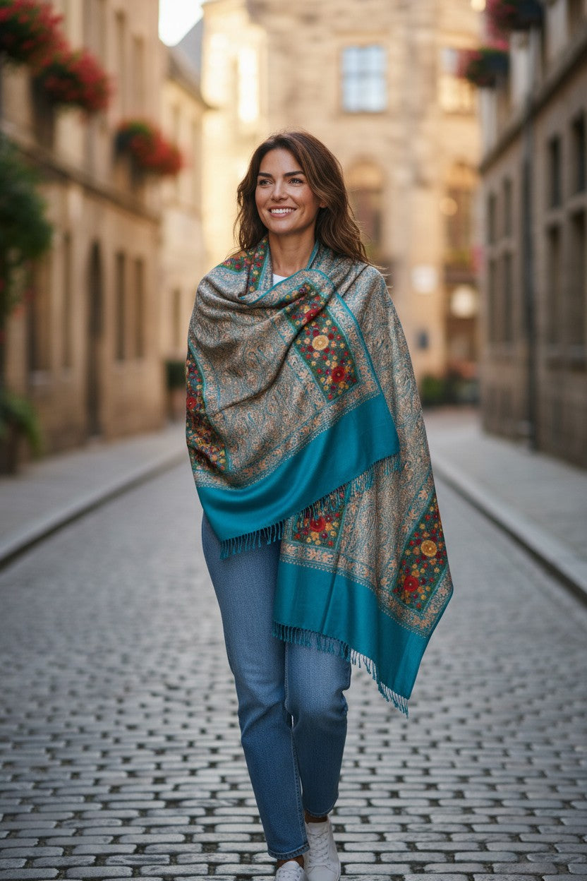 Kashmiri Woolen Stole with Aari Embroidery | Elegant Winter Wrap | Traditional Ethnic Wear for Women - Blue
