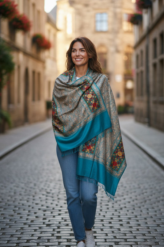 Kashmiri Woolen Stole with Aari Embroidery | Elegant Winter Wrap | Traditional Ethnic Wear for Women - Blue