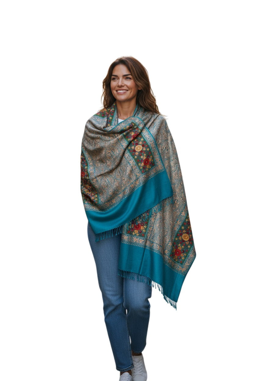 Kashmiri Woolen Stole with Aari Embroidery | Elegant Winter Wrap | Traditional Ethnic Wear for Women - Blue