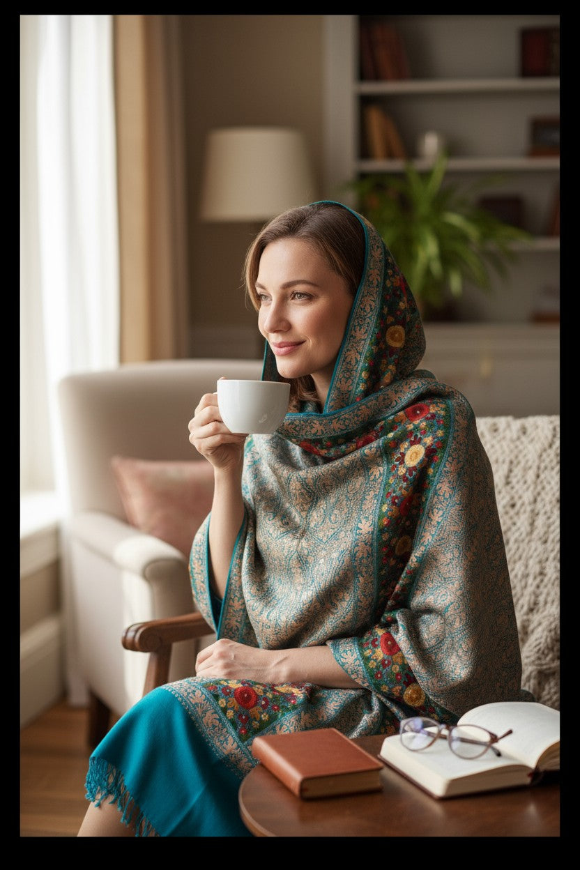 Kashmiri Woolen Stole with Aari Embroidery | Elegant Winter Wrap | Traditional Ethnic Wear for Women - Blue