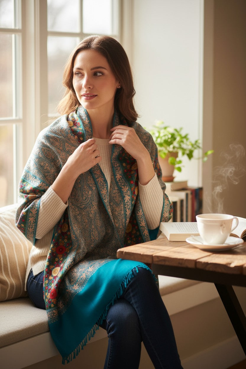 Kashmiri Woolen Stole with Aari Embroidery | Elegant Winter Wrap | Traditional Ethnic Wear for Women - Blue