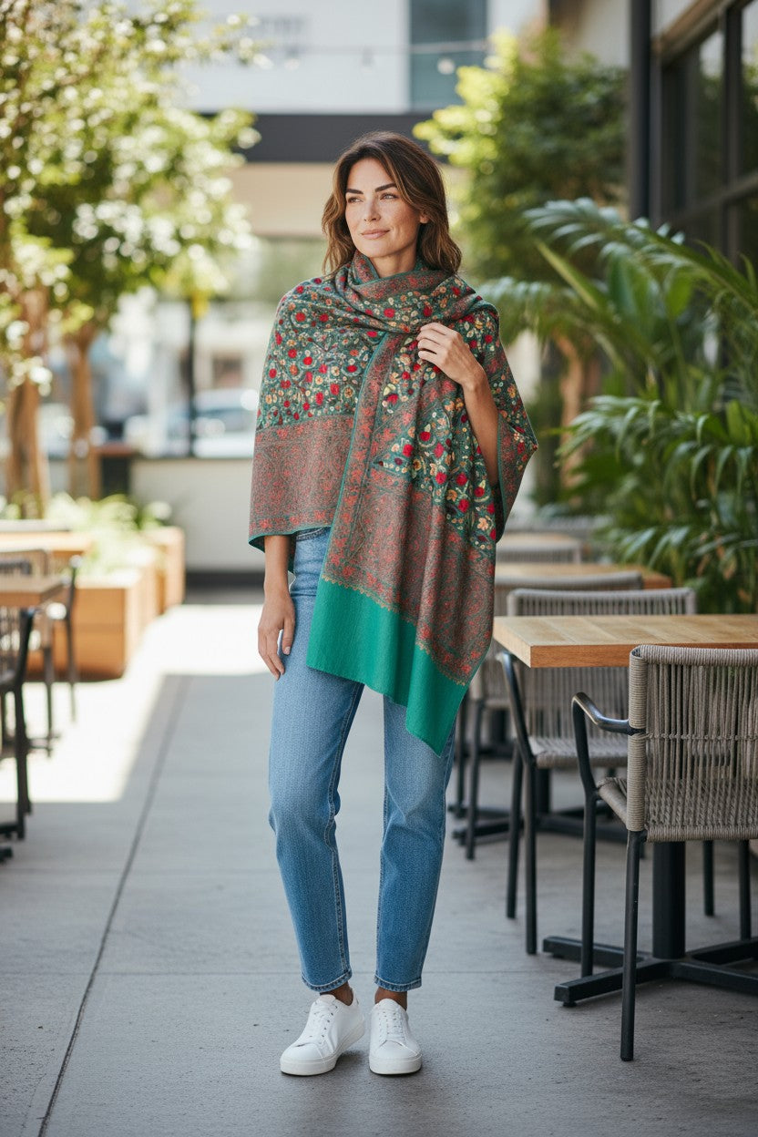 Kashmiri Woolen Stole with Aari Embroidery | Elegant Winter Wrap | Traditional Ethnic Wear for Women - Green