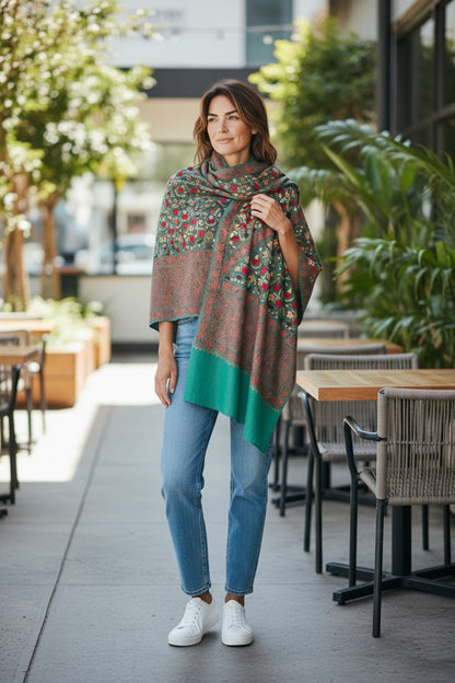 Kashmiri Woolen Stole with Aari Embroidery | Elegant Winter Wrap | Traditional Ethnic Wear for Women - Green