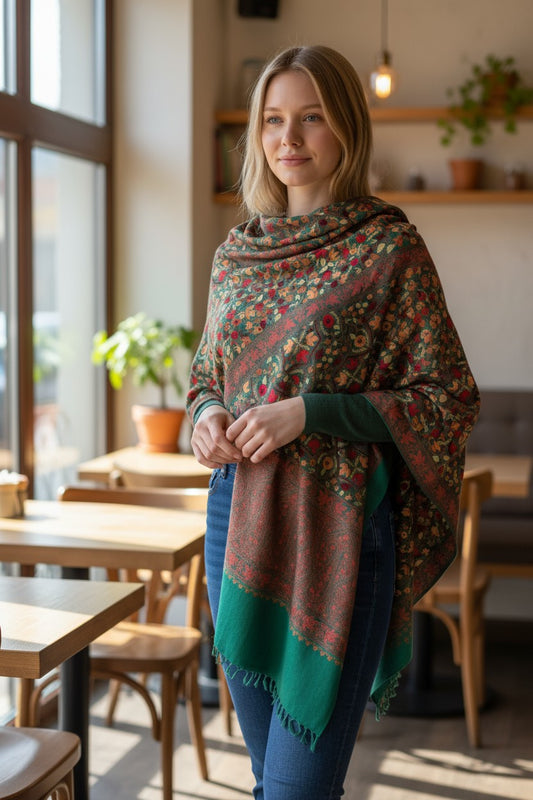 Kashmiri Woolen Stole with Aari Embroidery | Elegant Winter Wrap | Traditional Ethnic Wear for Women - Green