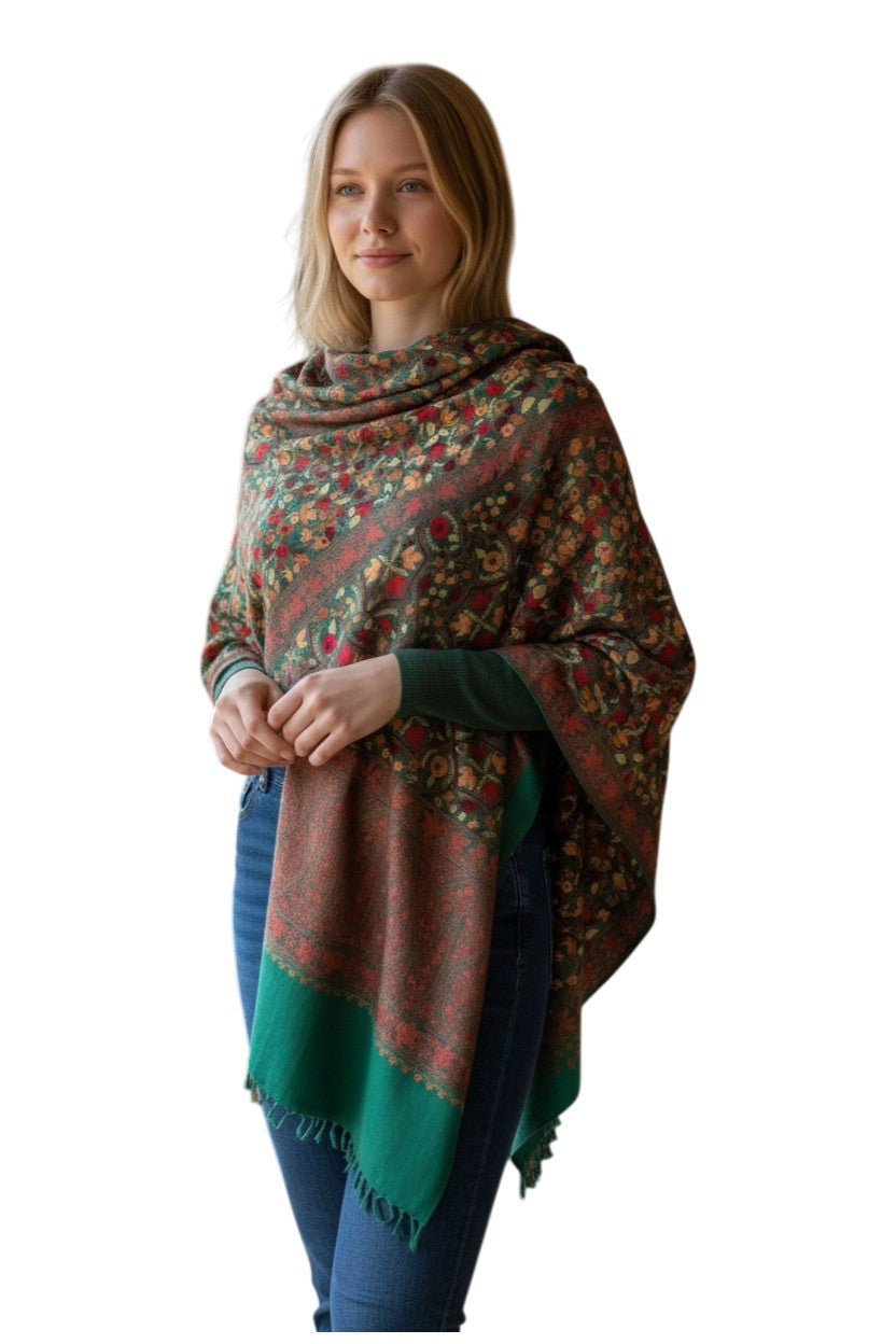 Kashmiri Woolen Stole with Aari Embroidery | Elegant Winter Wrap | Traditional Ethnic Wear for Women - Green
