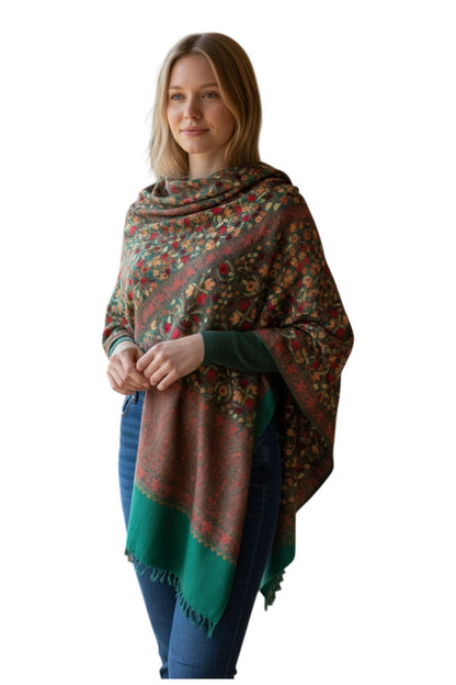 Kashmiri Woolen Stole with Aari Embroidery | Elegant Winter Wrap | Traditional Ethnic Wear for Women - Green