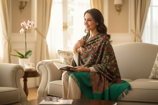 Kashmiri Woolen Stole with Aari Embroidery | Elegant Winter Wrap | Traditional Ethnic Wear for Women - Green