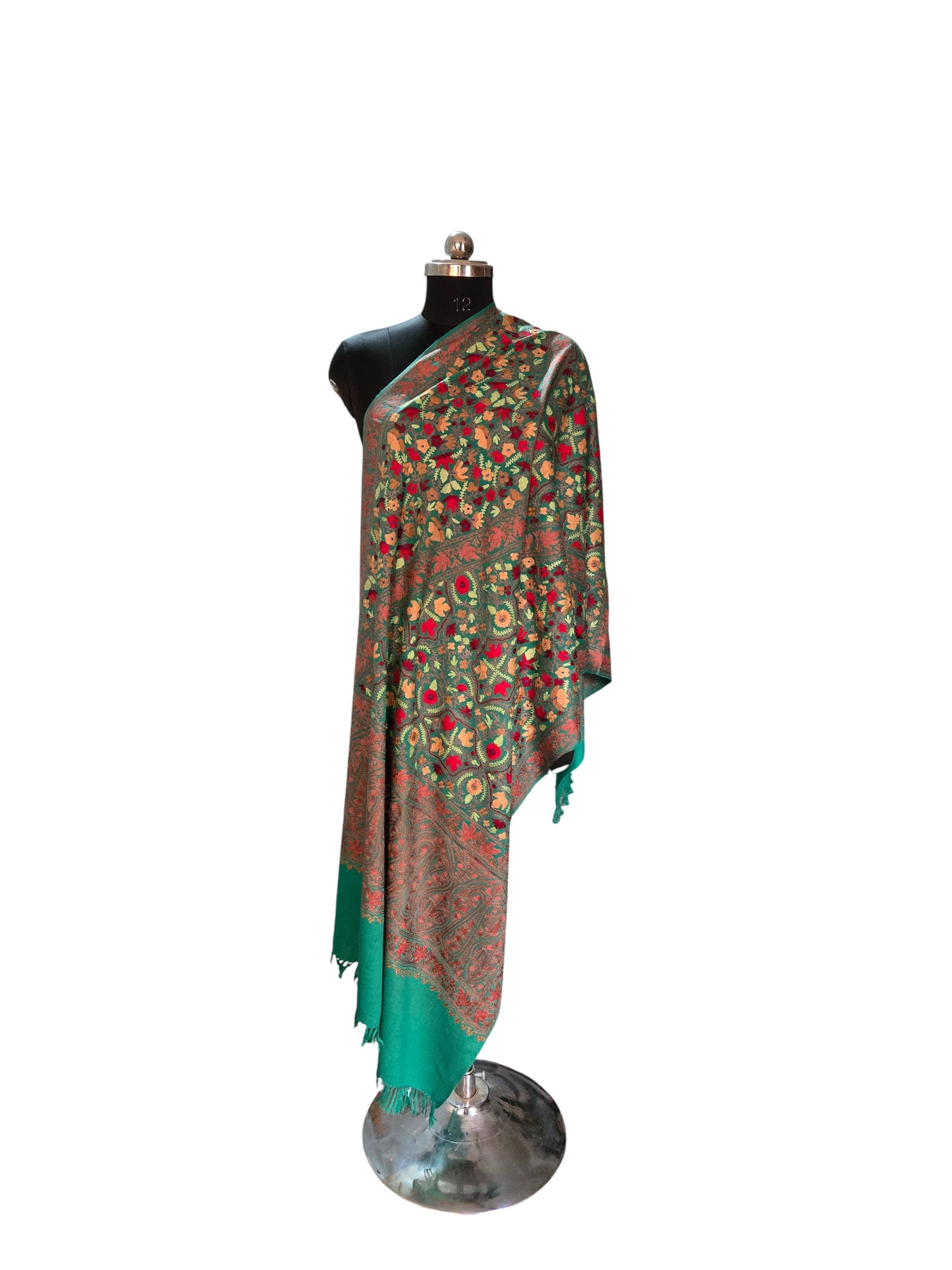Kashmiri Woolen Stole with Aari Embroidery | Elegant Winter Wrap | Traditional Ethnic Wear for Women - Green