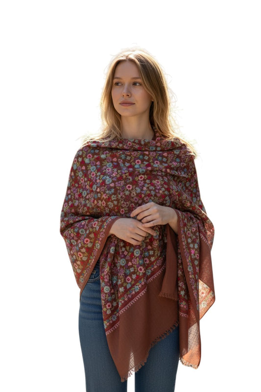 Kashmiri Woolen Stole with Aari Embroidery | Elegant Winter Wrap | Traditional Ethnic Wear for Women - Grey