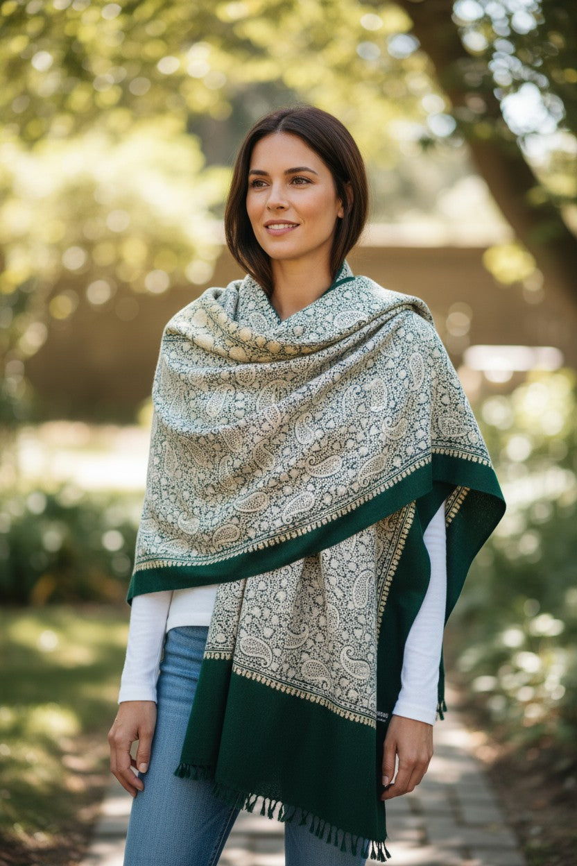 Kashmiri Woolen Stole with Aari Embroidery | Elegant Winter Wrap | Traditional Ethnic Wear for Women - Green