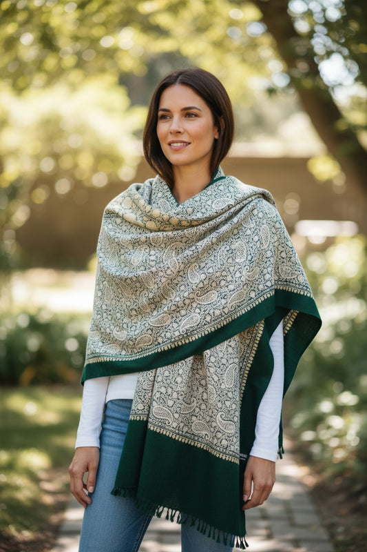 Kashmiri Woolen Stole with Aari Embroidery | Elegant Winter Wrap | Traditional Ethnic Wear for Women - Green