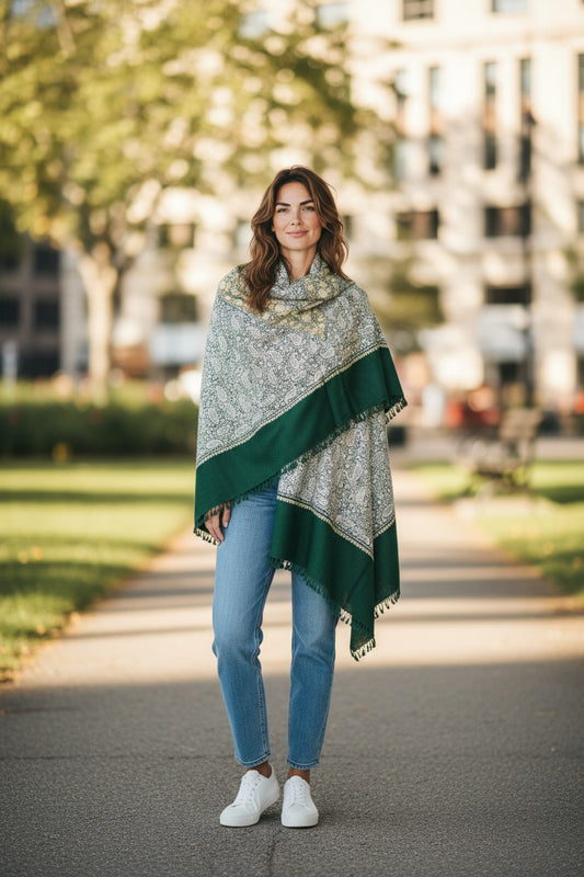 Kashmiri Woolen Stole with Aari Embroidery | Elegant Winter Wrap | Traditional Ethnic Wear for Women - Green