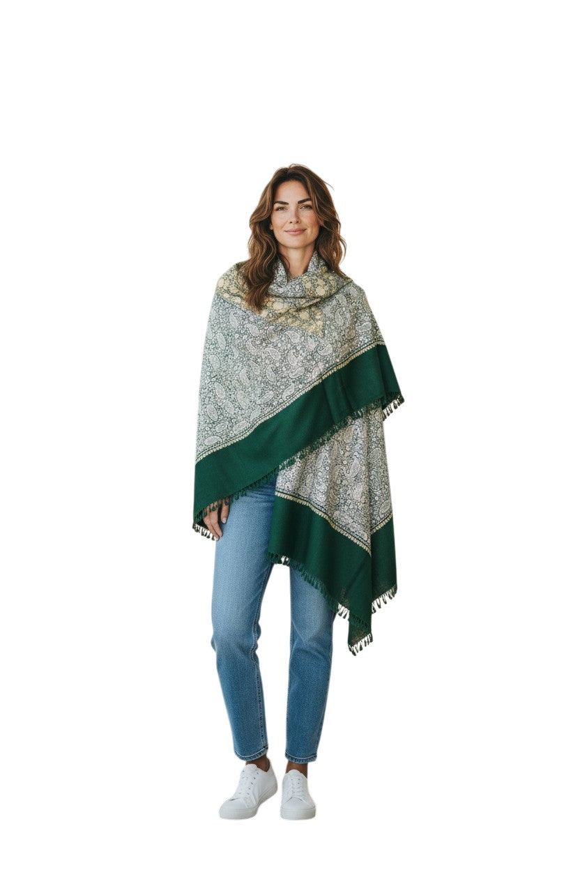 Kashmiri Woolen Stole with Aari Embroidery | Elegant Winter Wrap | Traditional Ethnic Wear for Women - Green