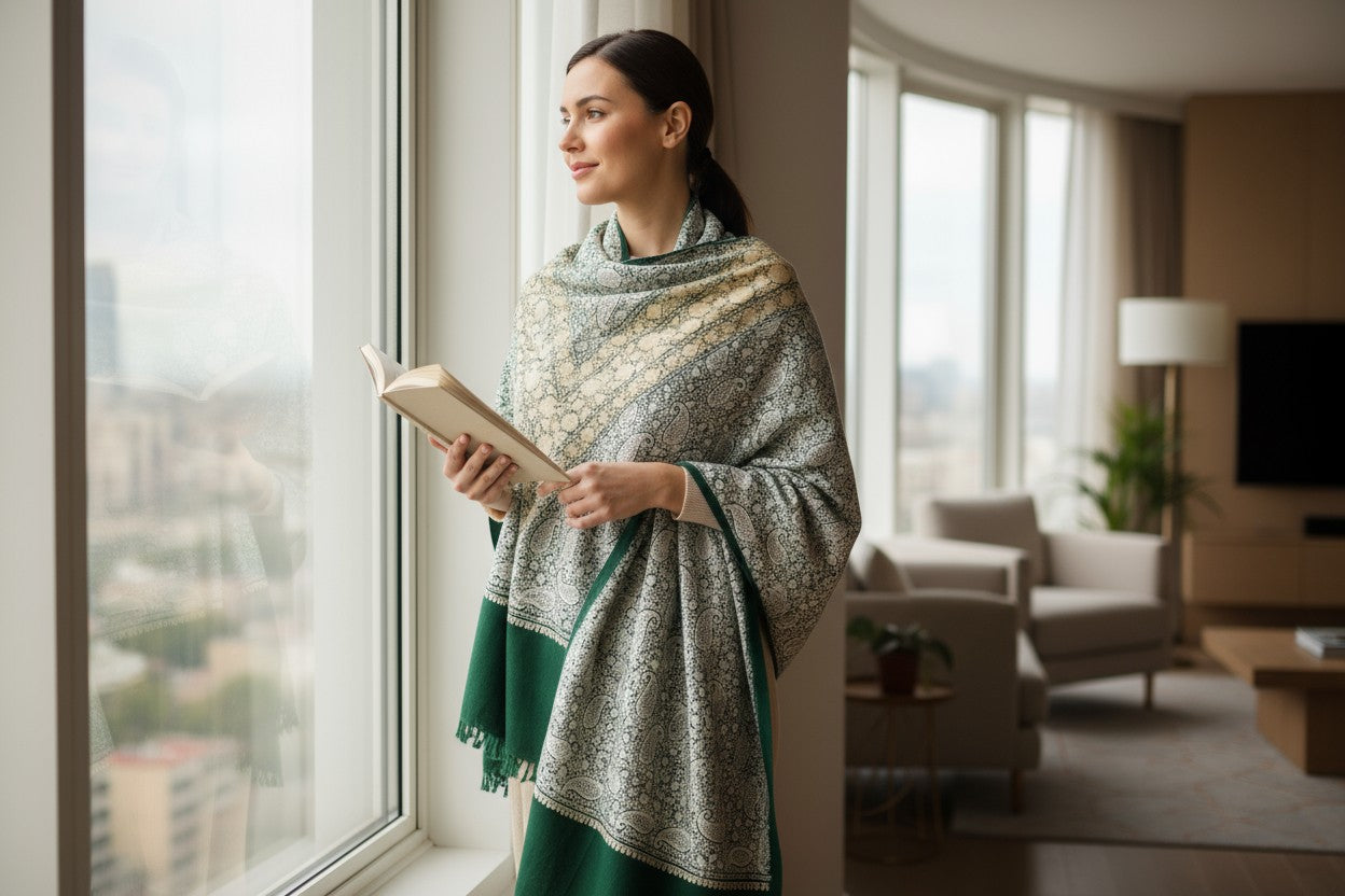 Kashmiri Woolen Stole with Aari Embroidery | Elegant Winter Wrap | Traditional Ethnic Wear for Women - Green