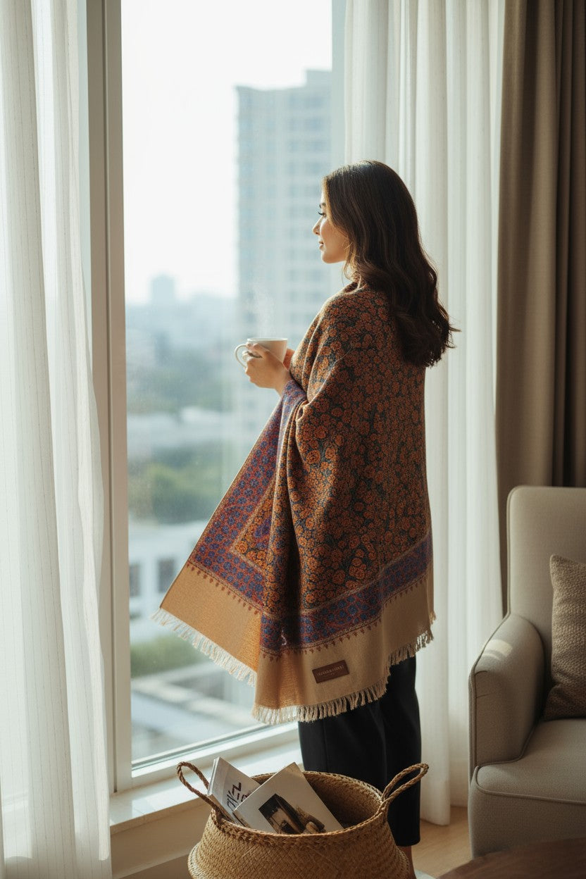 Kashmiri Woolen Stole with Sozni Embroidery | Elegant Winter Wrap | Traditional Ethnic Wear for Women - Grey