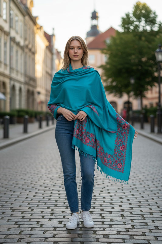 Kashmiri Woolen Stole with Aari Embroidery | Elegant Winter Wrap | Traditional Ethnic Wear for Women - Turquoise