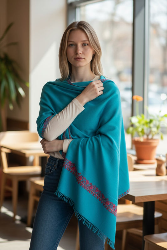 Kashmiri Woolen Stole with Aari Embroidery | Elegant Winter Wrap | Traditional Ethnic Wear for Women - Turquoise