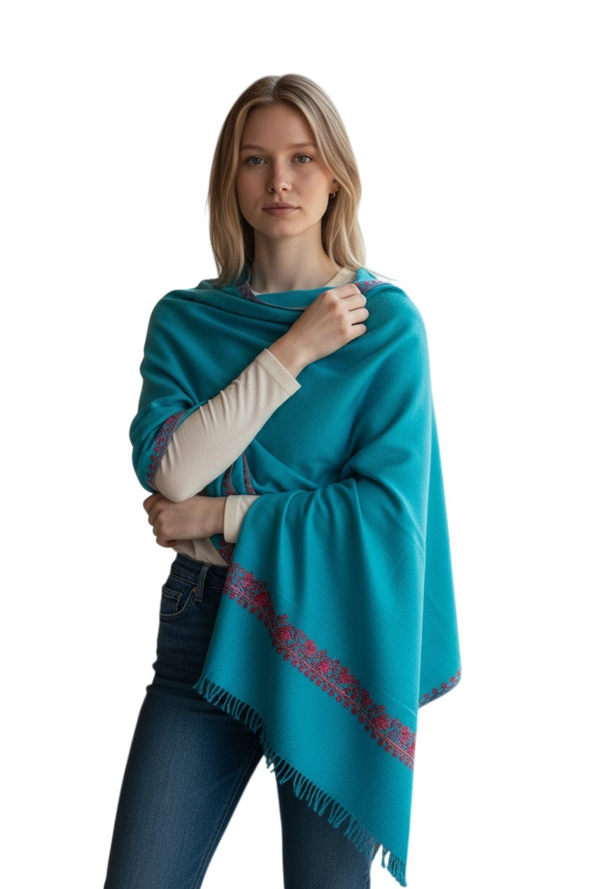 Kashmiri Woolen Stole with Aari Embroidery | Elegant Winter Wrap | Traditional Ethnic Wear for Women - Turquoise