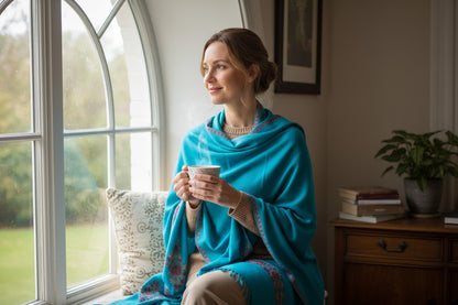 Kashmiri Woolen Stole with Aari Embroidery | Elegant Winter Wrap | Traditional Ethnic Wear for Women - Turquoise