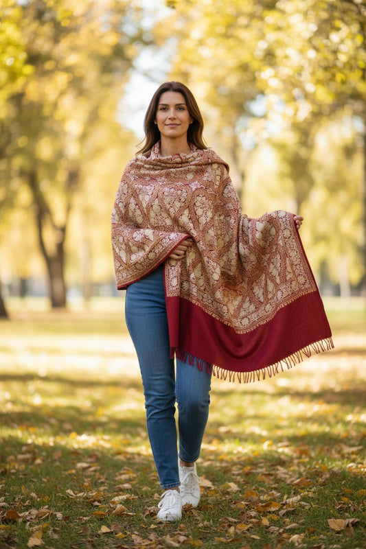 Kashmiri Woolen Stole with Aari Embroidery | Elegant Winter Wrap | Traditional Ethnic Wear for Women - Maroon