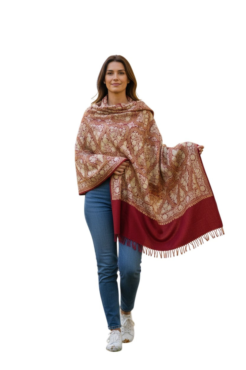 Kashmiri Woolen Stole with Aari Embroidery | Elegant Winter Wrap | Traditional Ethnic Wear for Women - Maroon