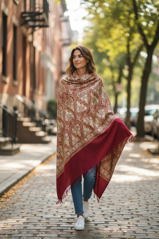 Kashmiri Woolen Stole with Aari Embroidery | Elegant Winter Wrap | Traditional Ethnic Wear for Women - Maroon