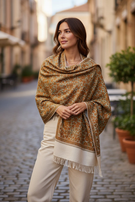 Kashmiri Woolen Stole with Sozni Embroidery | Elegant Winter Wrap | Traditional Ethnic Wear for Women - Off White