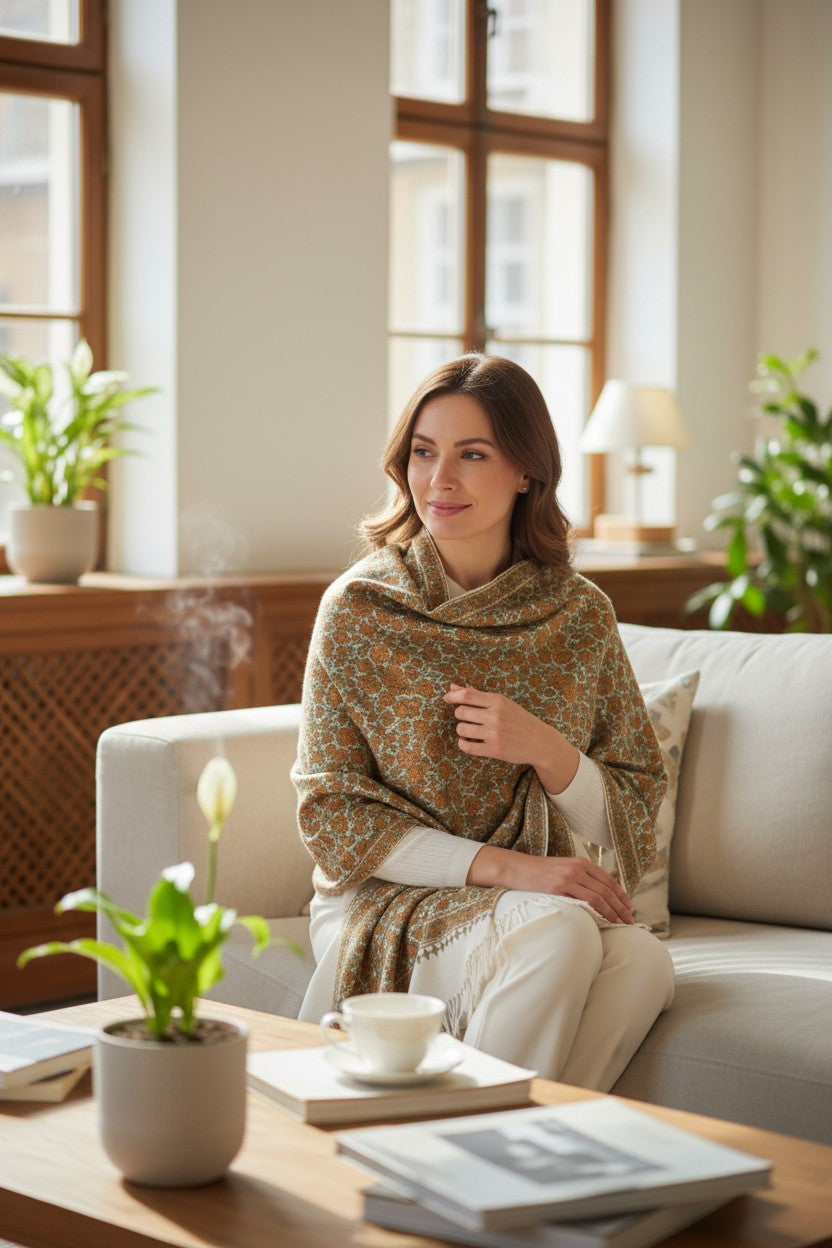 Kashmiri Woolen Stole with Sozni Embroidery | Elegant Winter Wrap | Traditional Ethnic Wear for Women - Off White