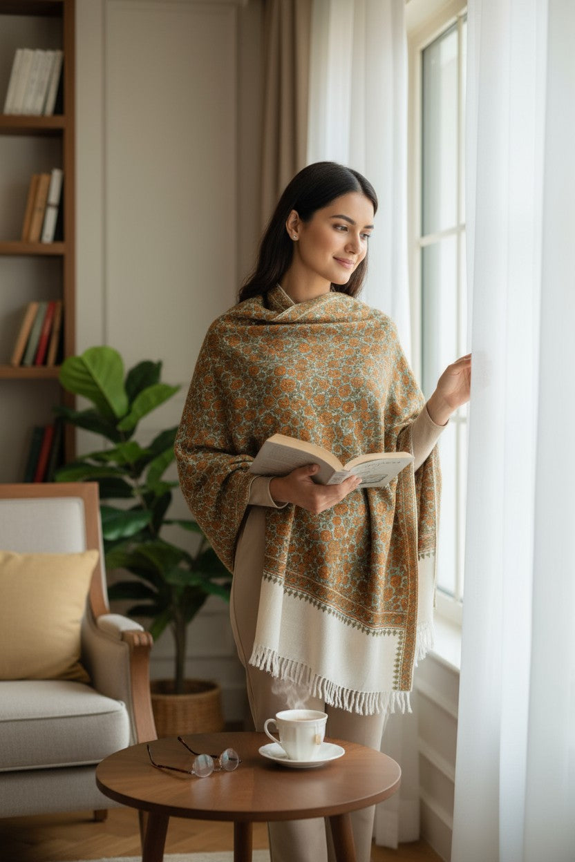 Kashmiri Woolen Stole with Sozni Embroidery | Elegant Winter Wrap | Traditional Ethnic Wear for Women - Off White
