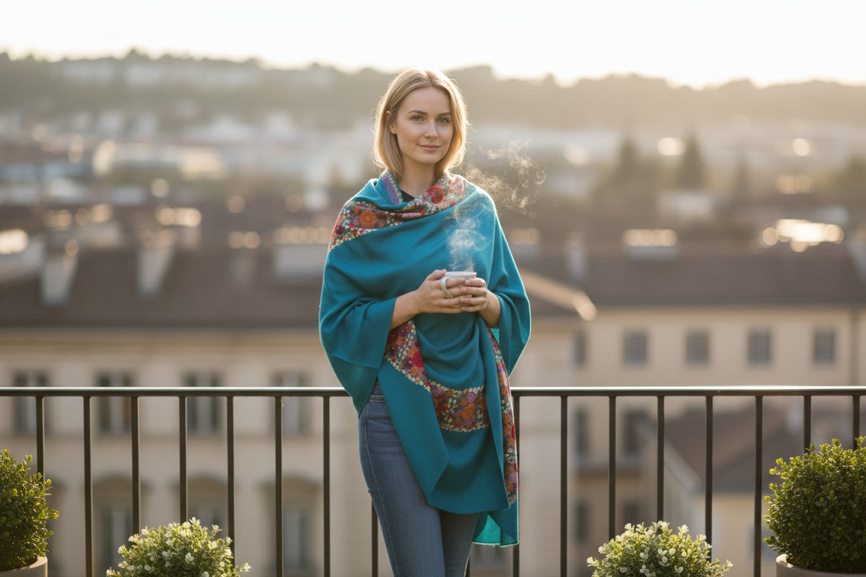 Kashmiri Woolen Stole with Aari Embroidery | Elegant Winter Wrap | Traditional Ethnic Wear for Women - Turquoise